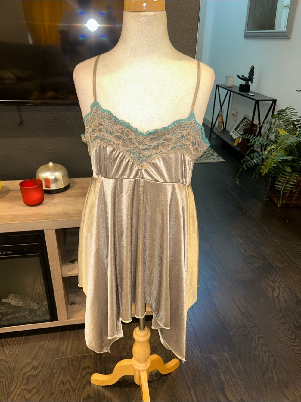 Silky Taupe Chemise with Teal Lace Trim